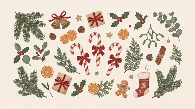 Cozy Christmas and winter holiday design elements collection with candy canes, pine branches and festive decorations