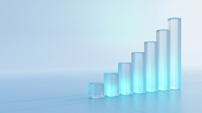 Abstract 3D geometric bar chart made of frosted glass columns on pastel blue surface