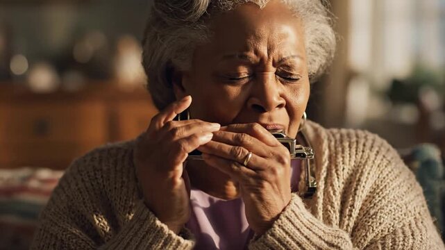 Elderly African American Woman Playing Harmonica at Home
