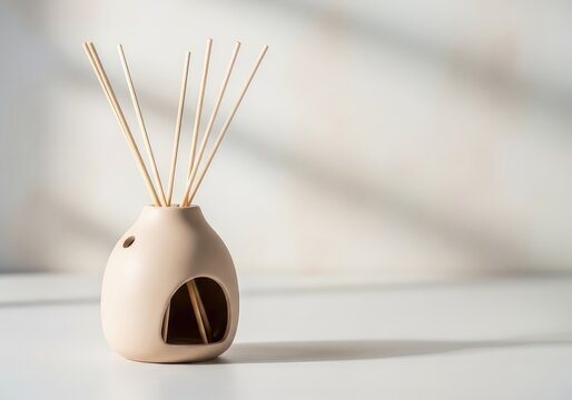 A minimalist beige ceramic oil diffuser with light wooden reed sticks placed on a smooth surface for a peaceful home decor atmosphere, decorative, fragrance, diffuser
