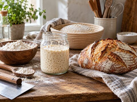 Active sourdough starter in a glass jar beside flour, banneton and freshly baked bread, representing natural fermentation and artisan baking.