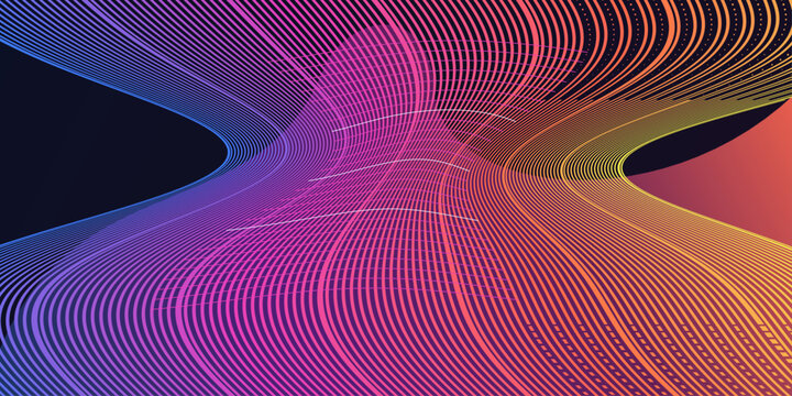 Abstract geometric vector background with warped linear grid, moire tunnel ornament and halftone dissolution, vivid optical transition pattern for futuristic poster and banner.