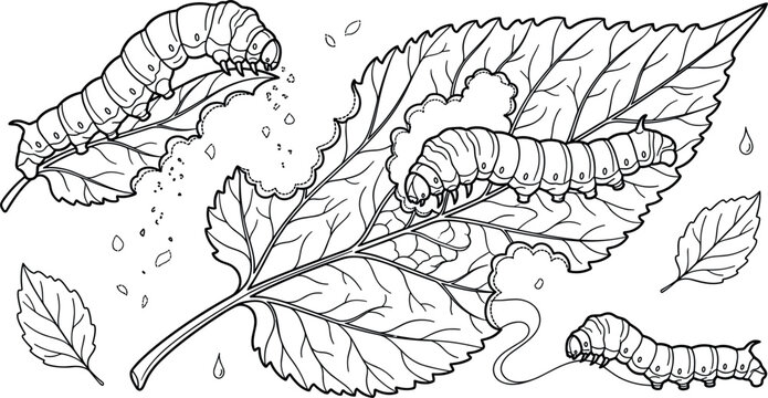 PrintDetailed Silk Worms and Caterpillar Vector Vector Illustration Eating Green Leaves for Educational Materials Nature Projects and Coloring Pages