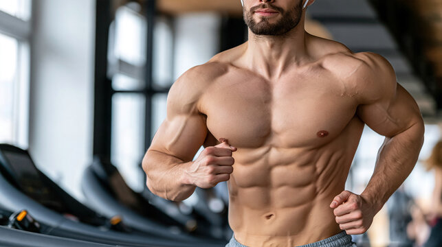 Muscular man running on treadmill in modern fitness center with gym workout