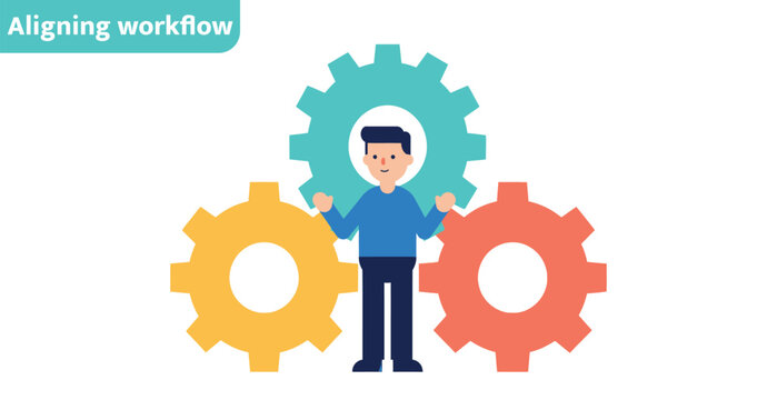 Professional aligning workflow illustration with interconnected gears and copy space