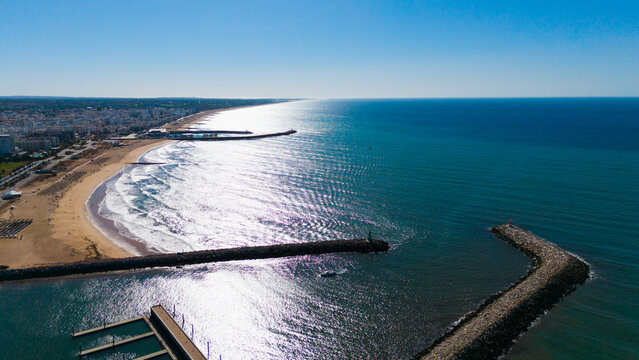 Aerial view of fishing boats and tourist yachts moored at the marina. harbor Vilamoura, Algarve, Portugal