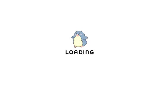 Cute blue penguin walking animation with loading text overlay on white background