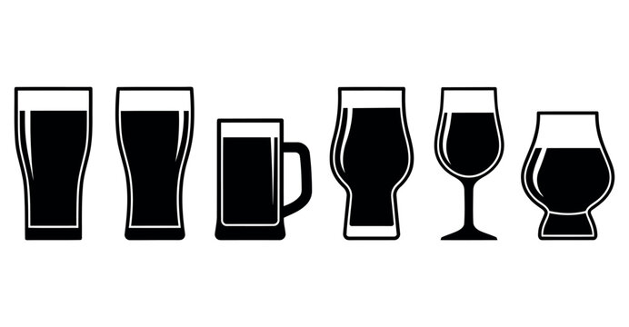 Six distinct black silhouette icons of various beer glasses and mugs, showcasing different shapes for diverse beer types.