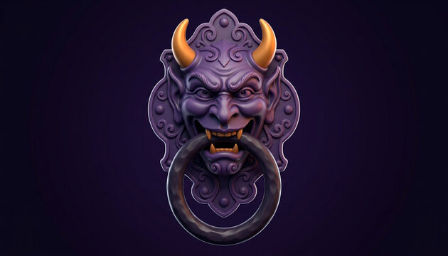 Conceptual 3D illustration of an ornate purple demon face doorknocker with golden horns and fangs holding a heavy iron ring in its mouth on a dark background