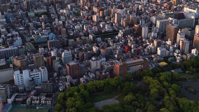 Aerial tilt up shot revealing the Skytree and sprawling Tokyo cityscape, Sumida Ward, Tokyo, Japan.	