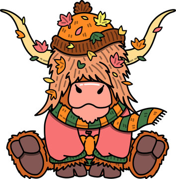 Highland Cow Cartoon with Autumn Leaves in Fall Attire  