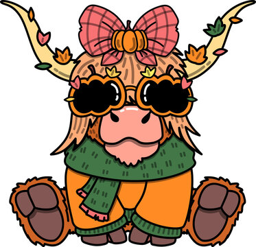 Cute Highland Cow with Autumn Leaves in Fall Attire Cartoon