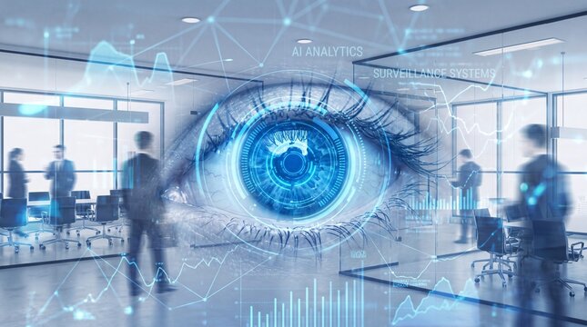 Futuristic digital eye hologram in modern office with people observing.