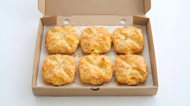 Open box of merdenele or merdenea pastries, folded rectangular salty cheese pastries from Romania. Balkan cuisine, takeaway food, resignation or farewell pastry foods, food shop, and bakery assets