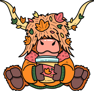 Cute Highland Cow with Autumn Leaves and Coffee Cartoon 
