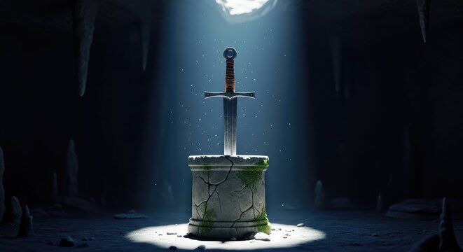 An ancient steel longsword rests embedded within a weathered stone pedestal inside a dark, mysterious cavern illuminated by natural rays, dark, shadow, sharp
