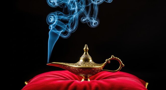 An ancient golden oil lamp rests on a plush red velvet pillow while mysterious blue smoke swirls elegantly from its spout into the dark room, ornate, steam, cushion