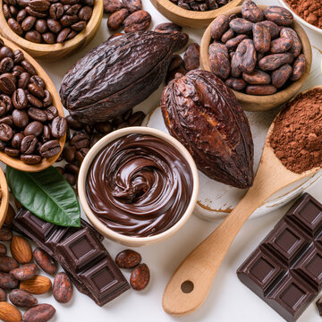 Composition of cocoa beans chocolate bars and spread with chocolate ingredient delicacy