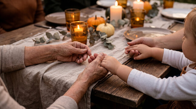 Multi generational family hands holding together around Thanksgiving dinner table in gratitude