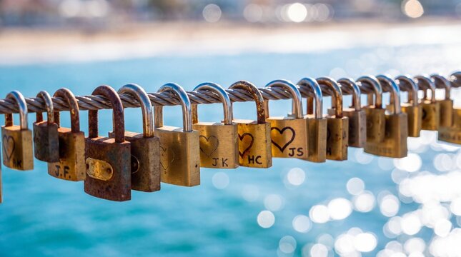 Row of Love Locks on a Chain Overlooking the Ocean.