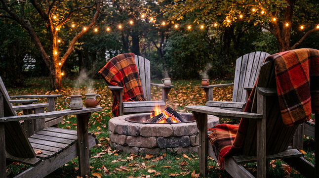 Cozy backyard fire pit with blankets and hot cider mugs on chilly Thanksgiving evening