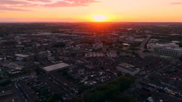 Drone aerial view of Doncaster at sunset