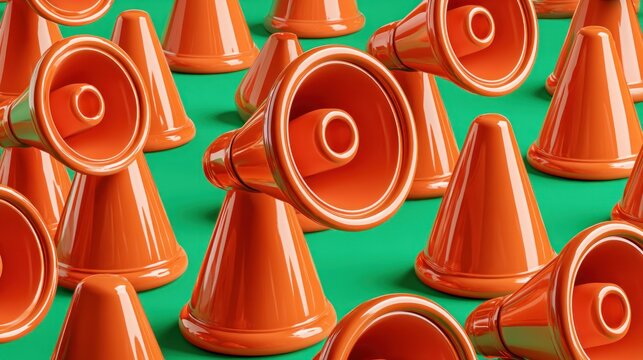 Group of orange megaphones on green background
