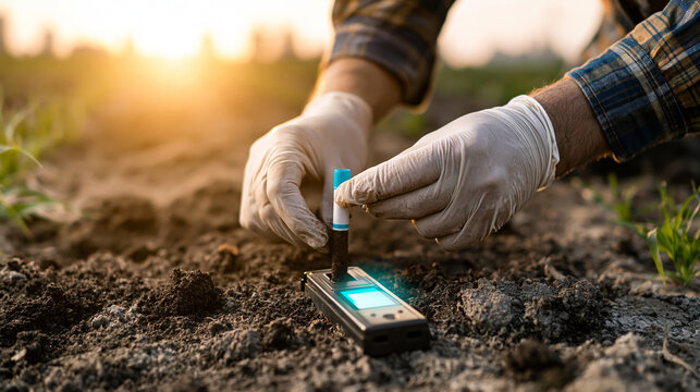 Agricultural researcher holding sample tube inserting into digital soil testing device outdoors during sunset
