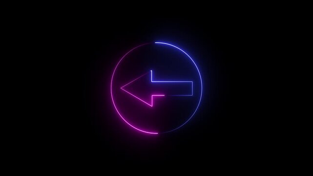 Glowing neon  direction left arrow sign icon animation journey information road sign signal circle sign symbol on black background.4K abstract neon arrow loading icon and uploading