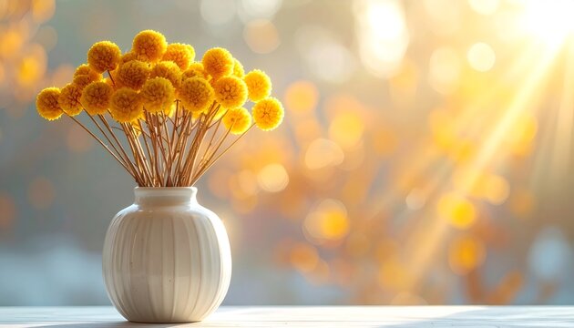 Yellow craspedia flowers in white vase with warm sunlight