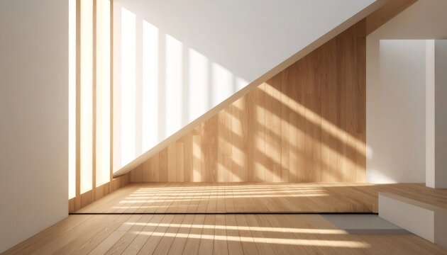 Minimalist interior design with sunlight casting geometric shadows