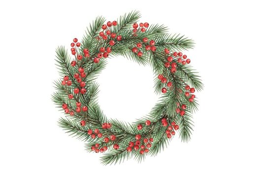 Elegant Christmas wreath illustration in watercolor style with red berries and pine branches as a lossless scalable vector on white, festive, leaves, red
