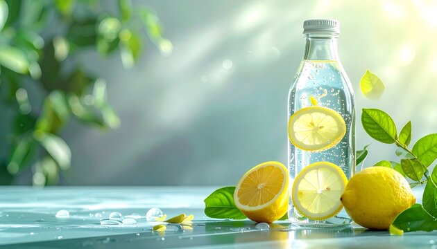 Refreshing lemon water with citrus slices and green leaves