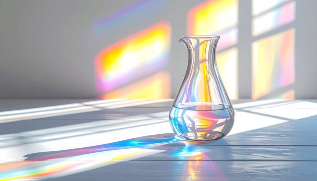 Glass pitcher reflecting rainbow light spectrum on wall