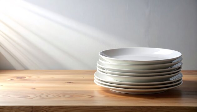 Stack of clean white plates on wooden table in sunlight