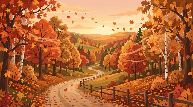 Autumn forest landscape with colorful falling leaves, winding path, rolling hills, and warm golden sunset.
