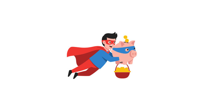 Superhero boy flying with masked piggy bank and gold coin basket. Symbolizes financial security, super savings, and wealth protection.