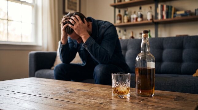 A distressed man sits on a sofa with his head in his hands, next to a bottle of alcohol and a glass on a coffee table.