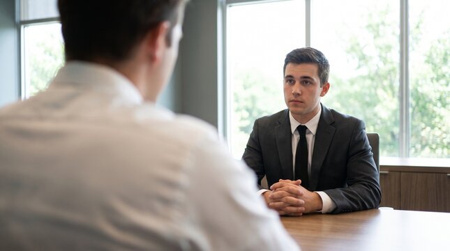 Young man in a suit being interviewed by an unseen person in a professional office setting.