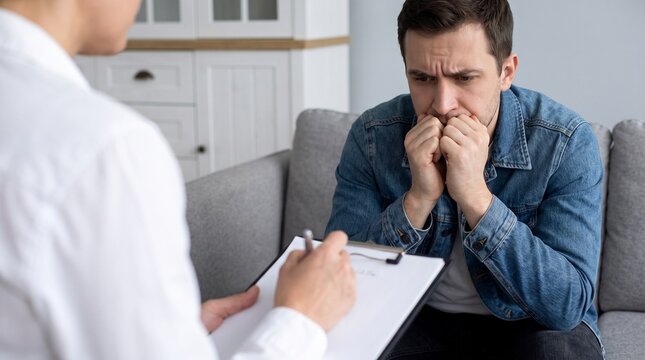 A distressed man sits on a couch, hands clasped, listening to a therapist who is taking notes on a clipboard during a counseling session.