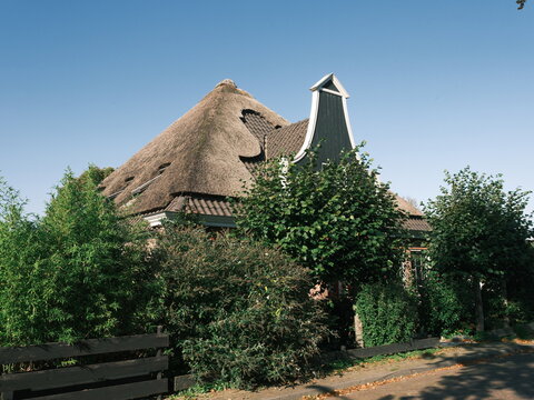 traditional Dutch farmhouse with a thatched roof surrounded by lush greenery.