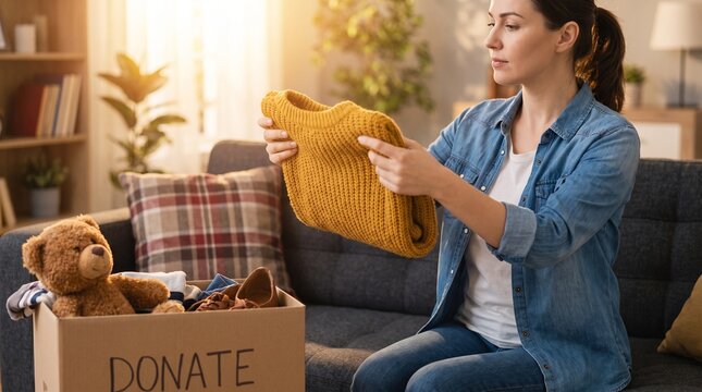 A woman sitting on a sofa, folding a yellow sweater to put into a cardboard box labeled "DONATE" filled with clothes and a teddy bear.