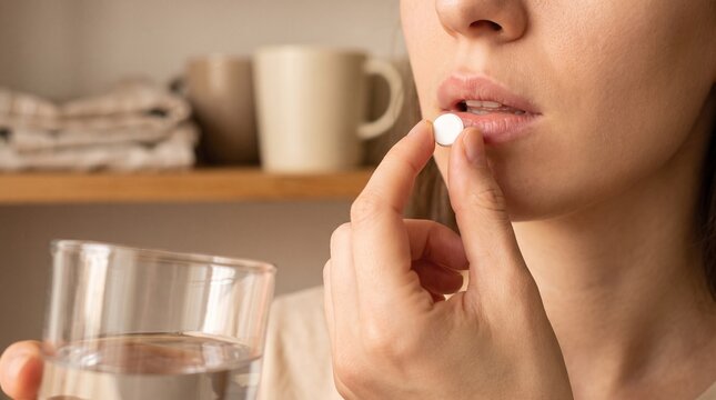 Woman taking a white pill with a glass of water in an indoor setting.