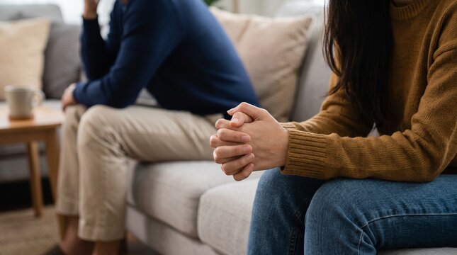 Couple sitting separately on a sofa, appearing to be in a disagreement or experiencing relationship problems.