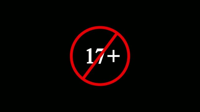 Animation cartoon Number 17 sign symbol motion graphics on white circle black background, 17+ note allowed icon animation.