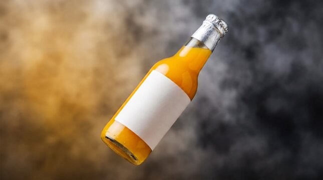 A clear glass bottle containing bright orange liquid and a blank white label, floating against a dramatic smoky background with contrasting warm and dark tones.