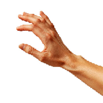 Pixelated human hand, isolated on transparent background
