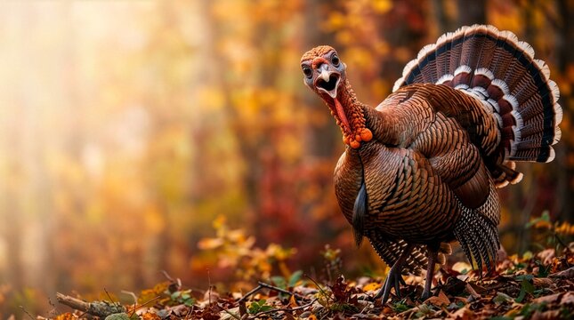 A wild turkey standing on dry foliage leaves in a beautiful autumn forest with warm orange golden sunlight bokeh background, perfect horizontal copy space banner for Thanksgiving day concept