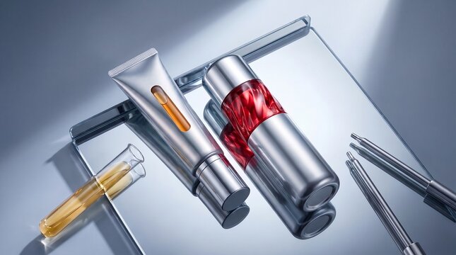 Sleek metallic cosmetic products on a reflective surface, showcasing modern beauty and skincare items with elegant design.