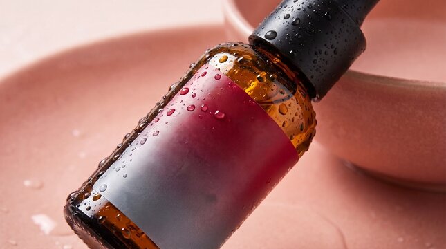 A close-up shot of a wet amber glass dropper bottle with a red and white label, leaning against a pink bowl.